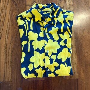 Zara Men's Blue and Yellow Floral Casual Shirt